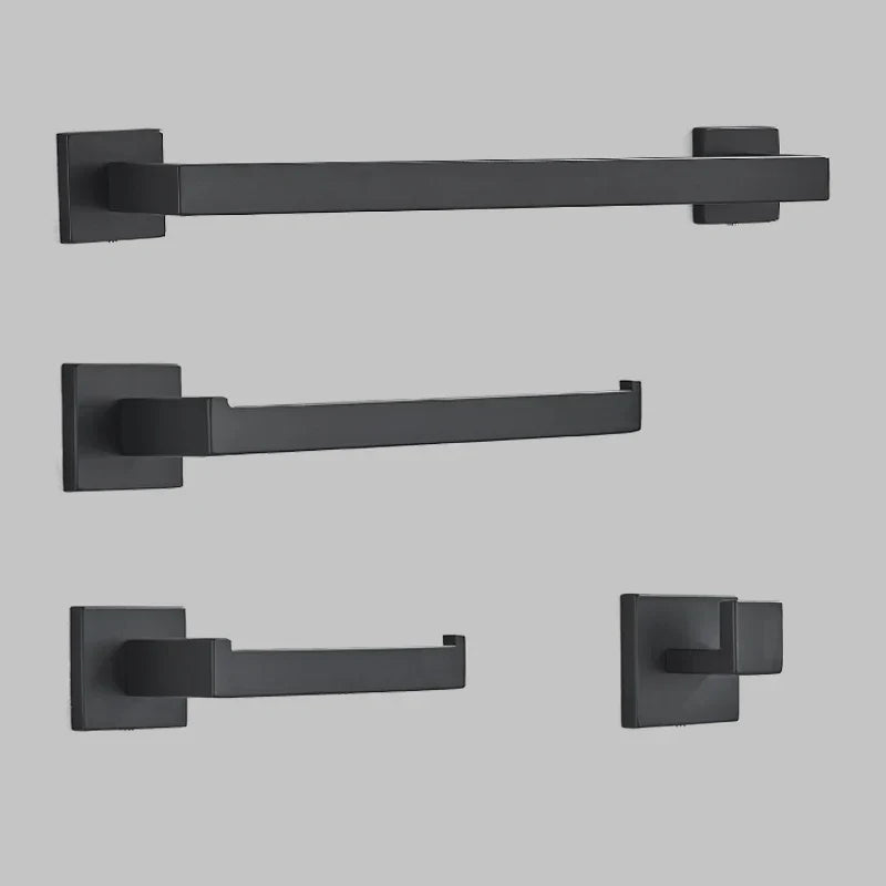 DecorBites™ Black Bathroom Hardware Set: Robe Hook, Towel Rail, Shelf, Tissue Holder