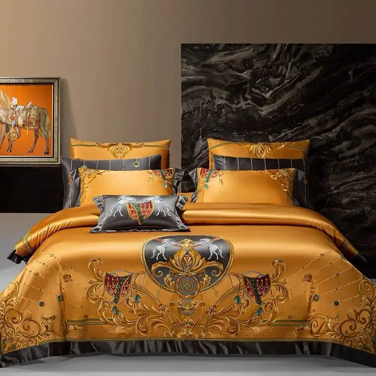 DecorBites™ Luxe Brocade Cotton Embroidered Bedding Set - Quilt Cover Bed Linen Bedspread