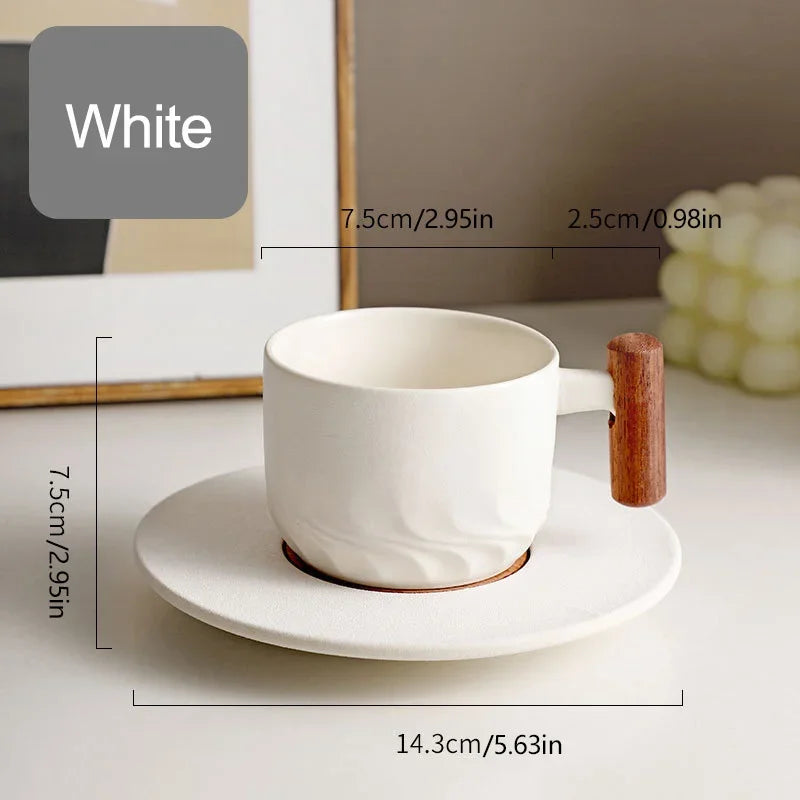 DecorBites™ 130ml Blue Ceramic Retro Coffee Cup with Saucer, Wooden Handle