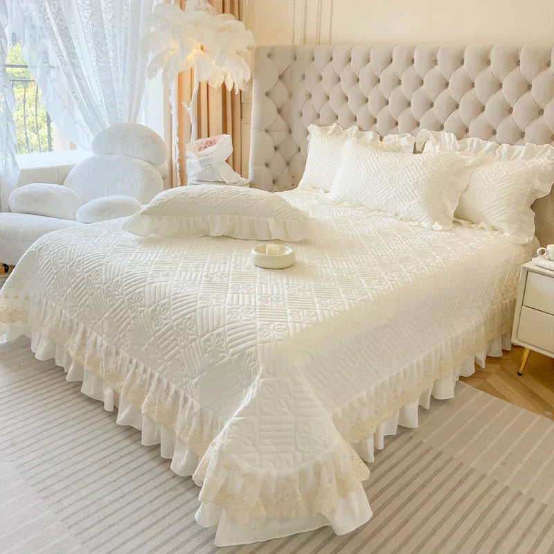 DecorBites™ Korean Princess Style Quilted Bedding Set with Lace Ruffles 200x230cm