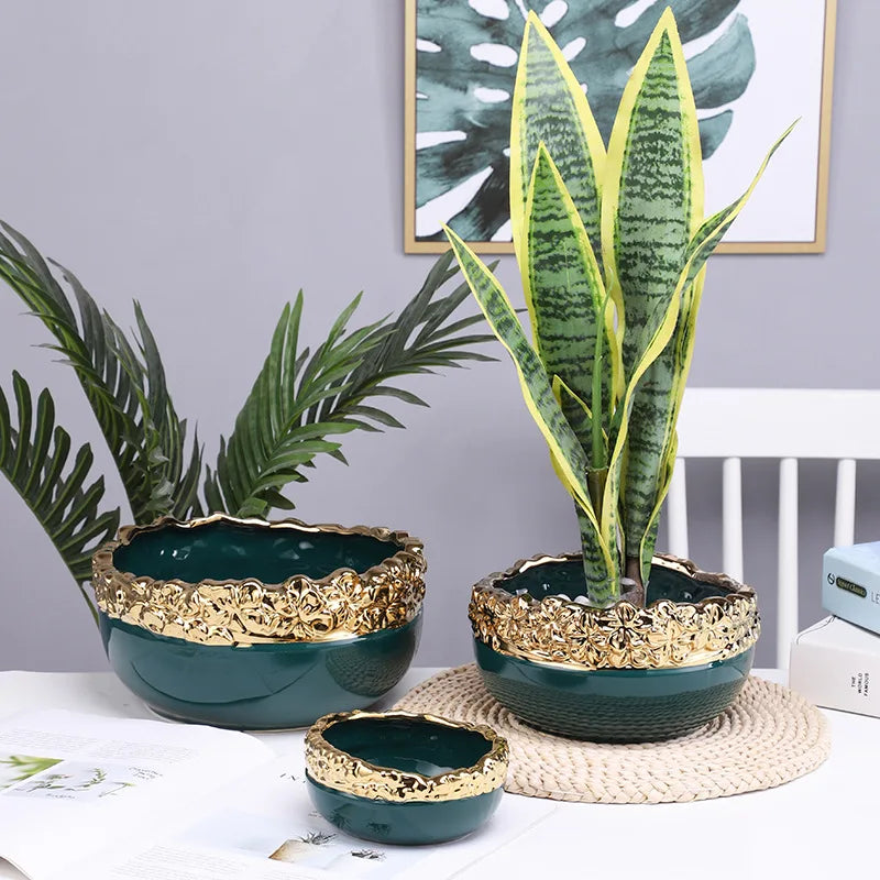 DecorBites™ Golden Edge Succulent Flower Pot Vase - Indoor Ceramic Planter Pot