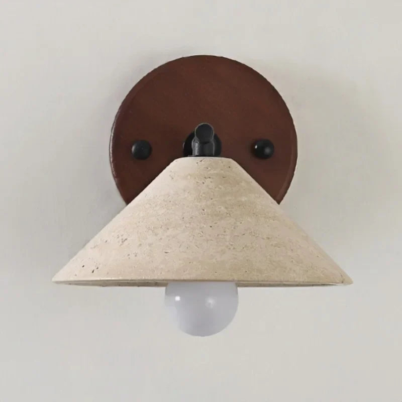 DecorBites™ LED Yellow Travertine Wall Light with Wood Pull Chain Switch and Iron Frame