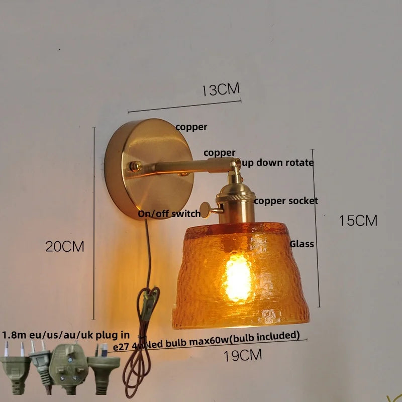 DecorBites™ Clear Glass LED Wall Sconce with Pull Chain Switch, Brass E27, Bedroom Reading Light