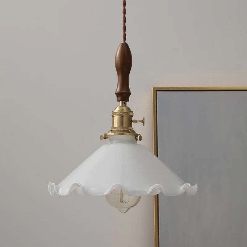 DecorBites™ White Glass LED Pendant Lights with Walnut Wood Details