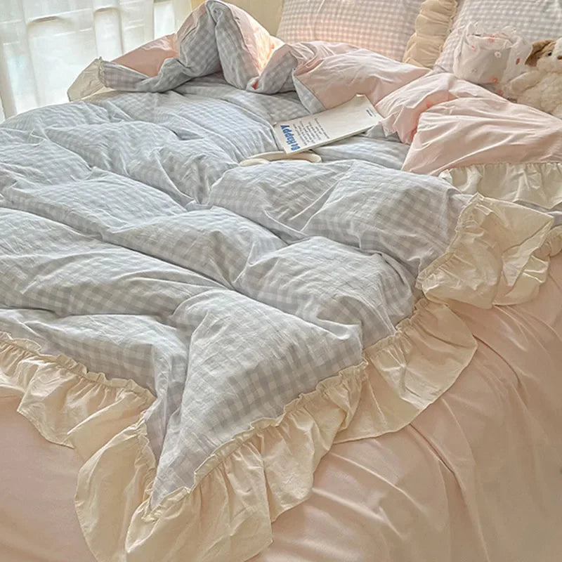 DecorBites™ Korean Grid Lace Washed Cotton Bedding Set, Cozy Comforter Cover Single Double Queen