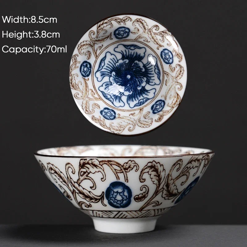 DecorBites™ Blue & White Ceramic Kung Fu Tea Cup - Japanese Style Porcelain Sake Cups