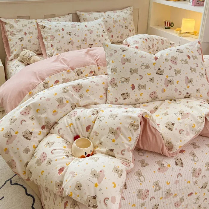 DecorBites™ Cartoon Cat Floral Duvet Cover Set - Pink Kids Girls Bedroom Decor