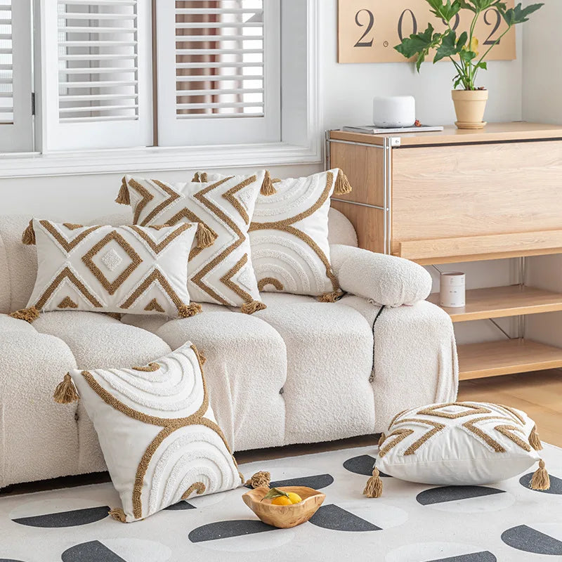 DecorBites™ Geometric Cotton Embroidered Pillow Case with Tufted Fringe, Decorative Sofa Cushion Cover