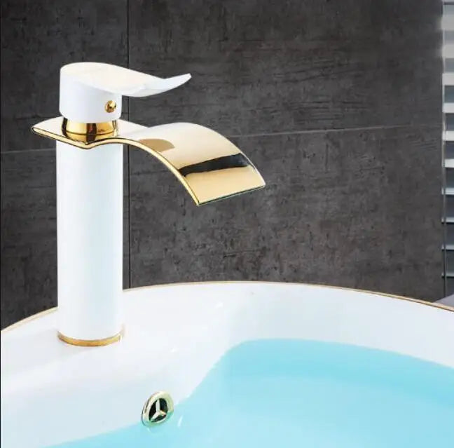 DecorBites™ Gold and White Waterfall Bathroom Basin Faucet Mixer Tap Hot Cold Sink
