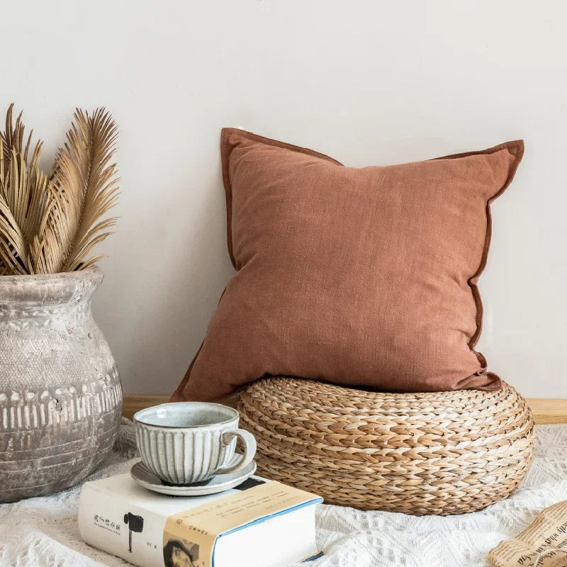 DecorBites™ Linen Pillow Cover 45x45cm with Fringe in Ivory/Dark Grey/Coffee for Home Decor