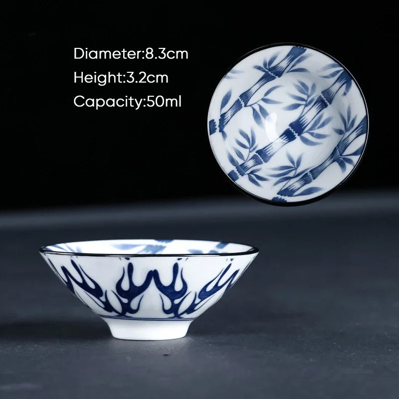 DecorBites™ Blue & White Ceramic Kung Fu Tea Cup, Japanese Style Porcelain Sake Espresso Mug