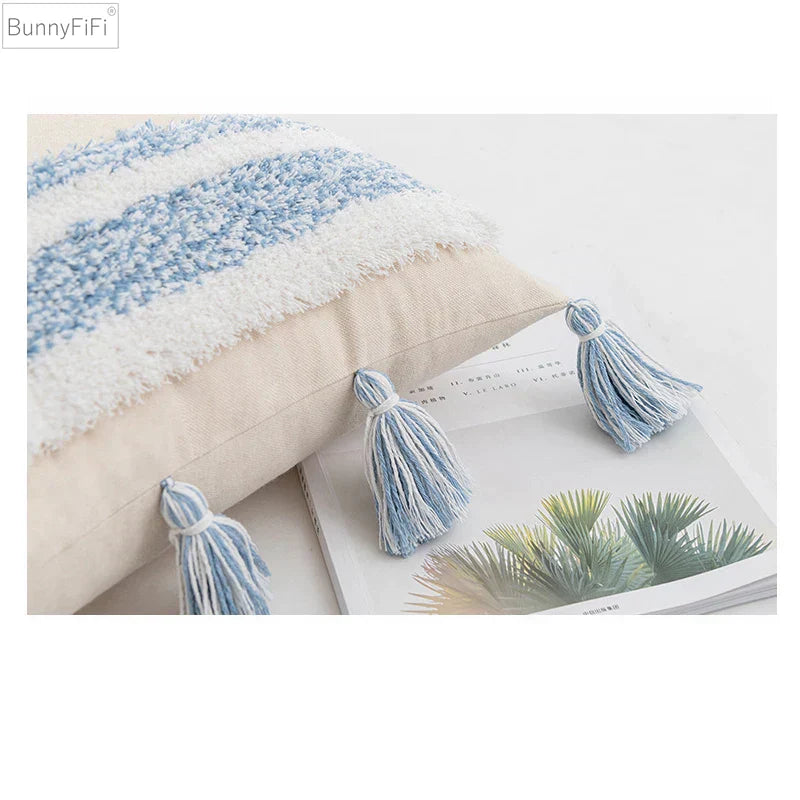 DecorBites™ Blue Grey Stripe Tufted Cushion Cover 45x45cm/30x50cm for Home Decoration