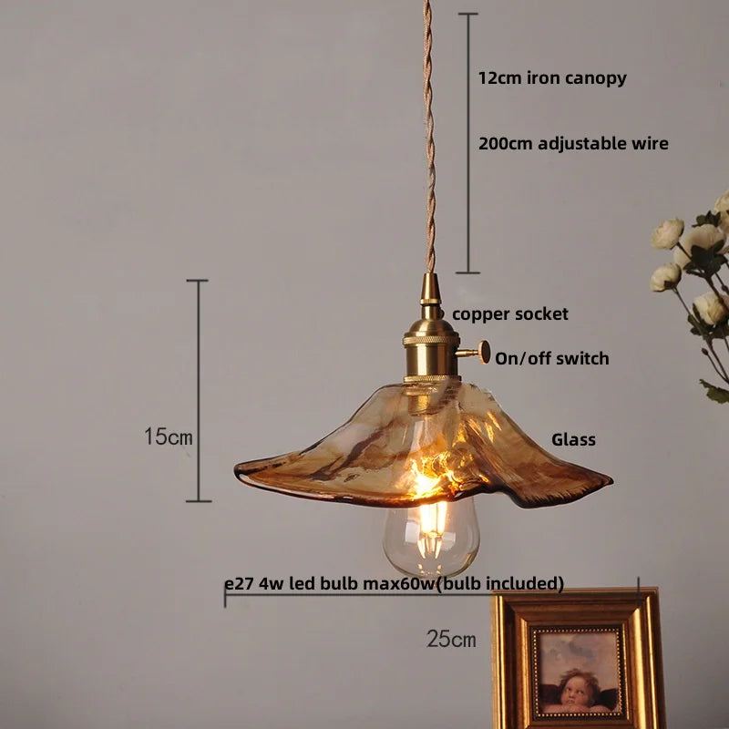 DecorBites™ Brass Knob Switch LED Pendant Light, Nordic Amber Glass Hanging Lamp