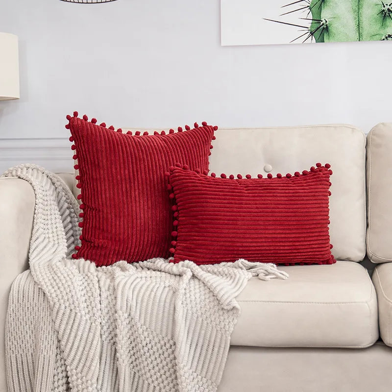 DecorBites™ Beige Striped Cushion Cover with Pom Pom Detail Lumbar Throw Pillow Case