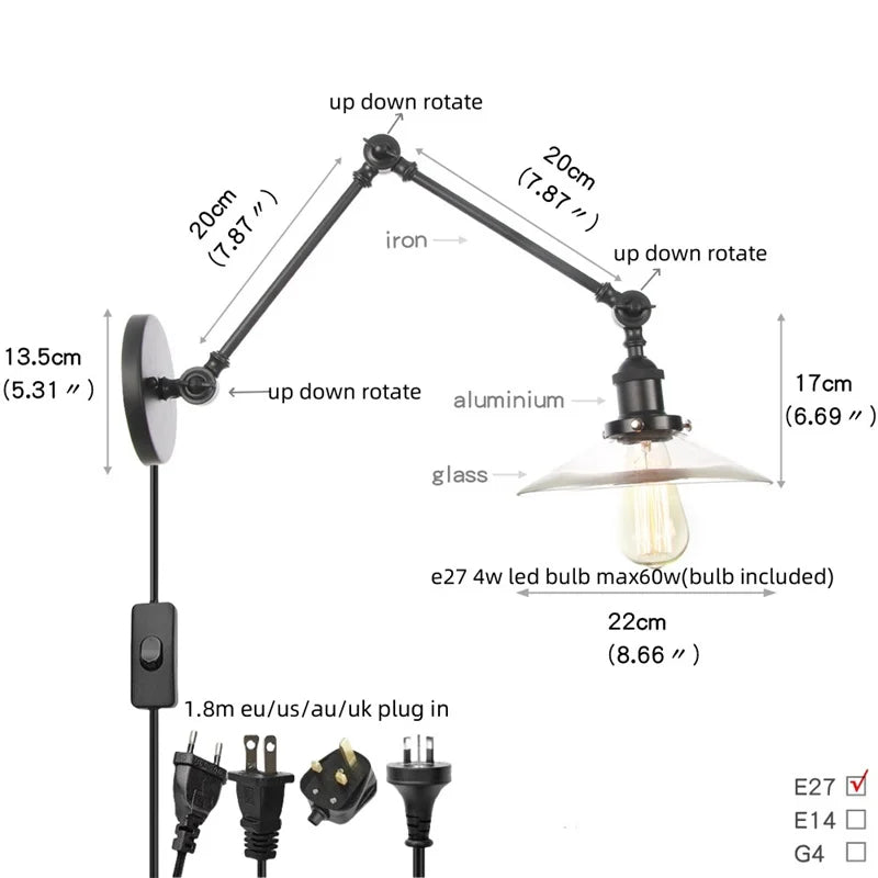 DecorBites™ Clear Glass Swing Arm Wall Light Fixture for Dining Living Room Cafe