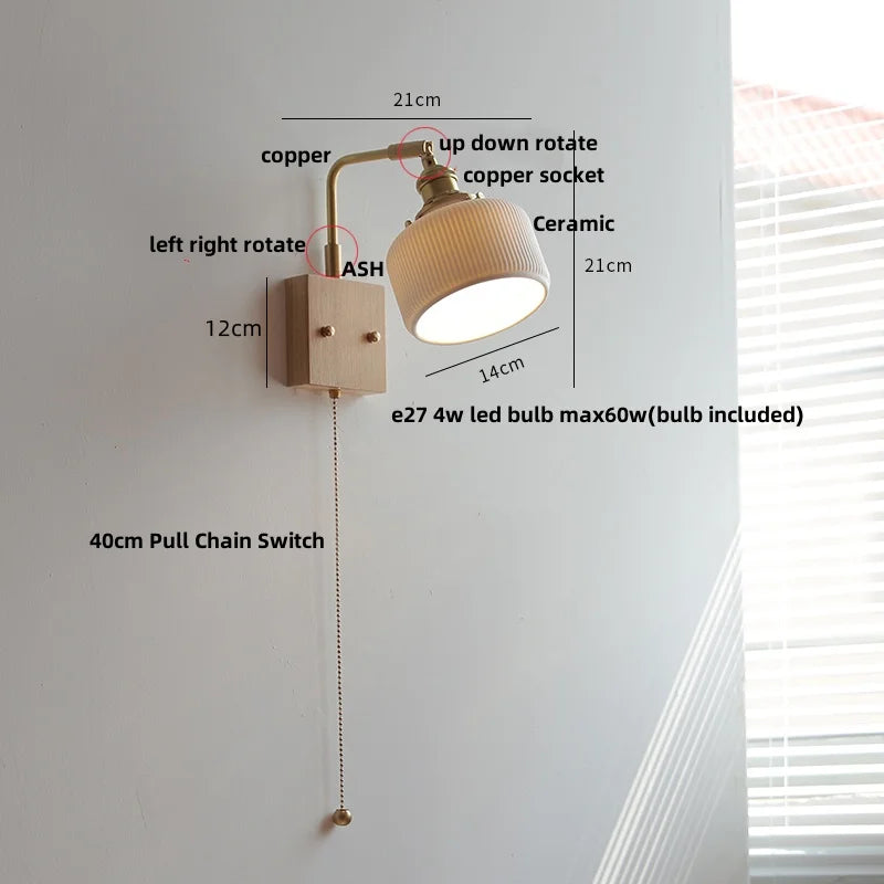 DecorBites™ Globe Ceramic Walnut Wood Wall Light with Pull Chain Switch and Rotatable Design