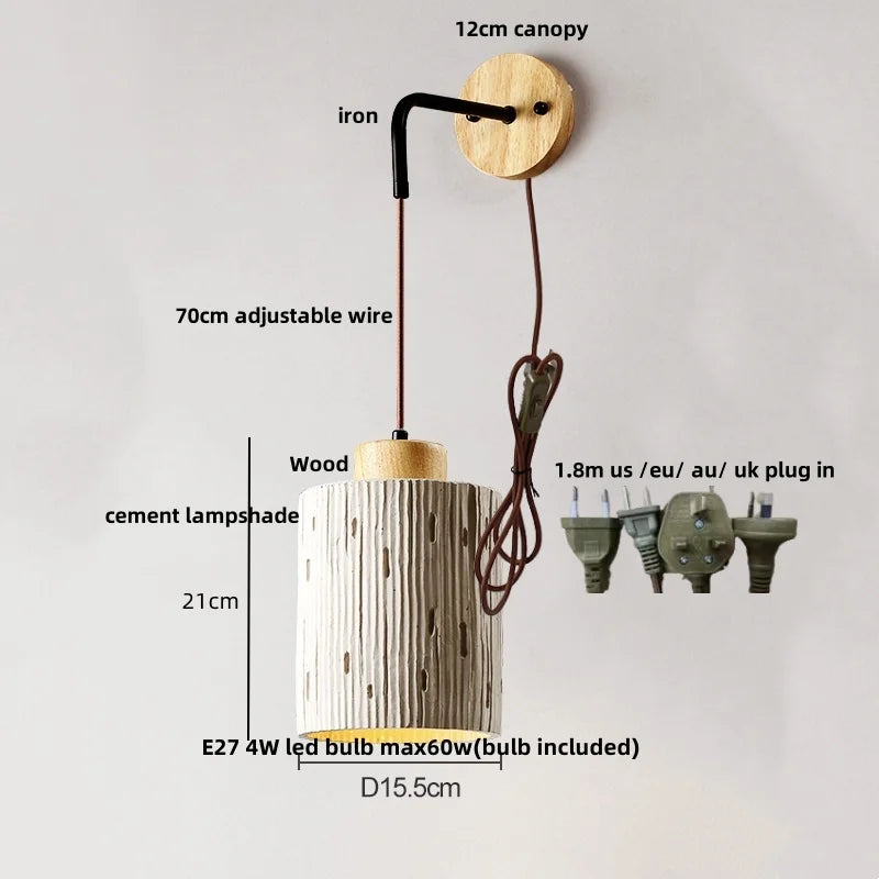 DecorBites™ Japanese Style LED Wall Light Cement Bedside Lamp with Pull Chain Switch