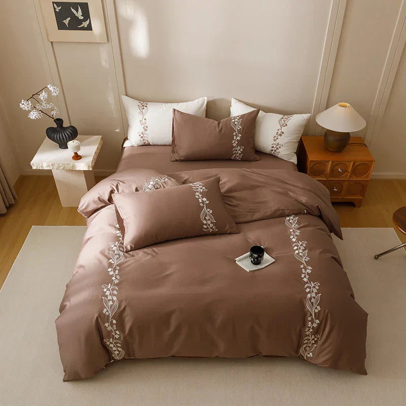 DecorBites™ Elegant Lily of the Valley Embroidery Brown Cotton Bedding Set