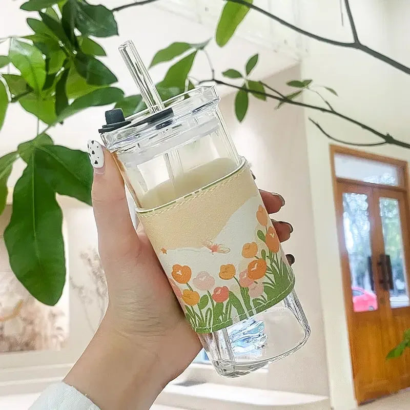 DecorBites™ Heat Resistant Glass Cup with Lid and Straw for Coffee, Milk, Tea, Juice