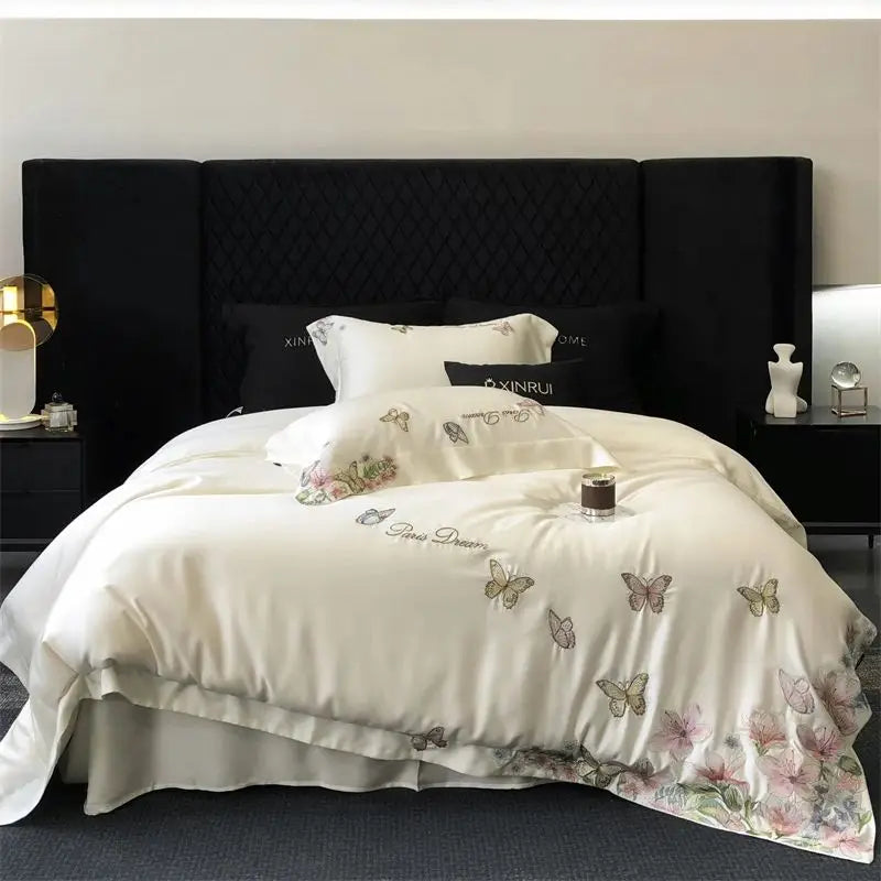 DecorBites™ Butterfly Flowers Embroidery Bedding Set: Silky Soft Eucalyptus Fiber Duvet Cover