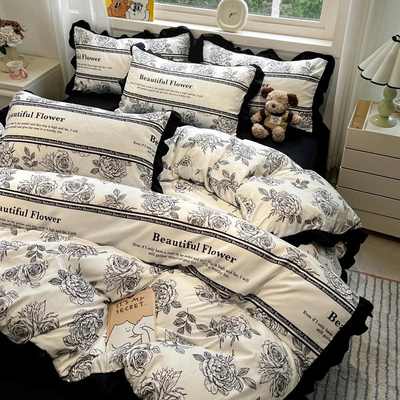 DecorBites™ Korean Black White Hepburn Style Bedding Set with Lace Fitted Sheet Set
