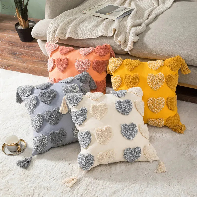 DecorBites™ Heart Embroidery Cushion Cover 45x45cm Orange Grey Geometric Pillowcase