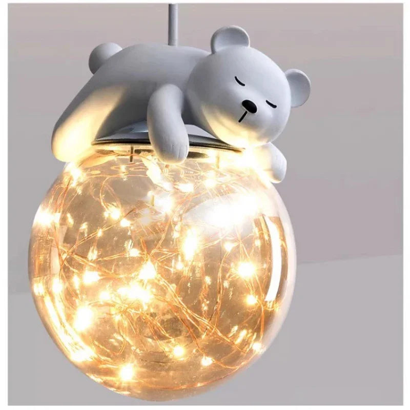 DecorBites™ Glass Children Room Chandelier: White Bear Bunny Lamp for Modern Baby Boy Girl Bedroom