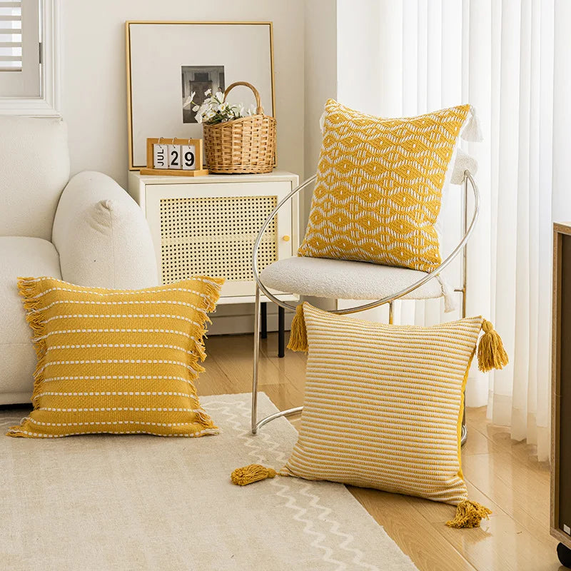 DecorBites™ Geometric Tufted Cushion Cover with Crochet Tassels - Nordic Yellow Striped Pillow Cover