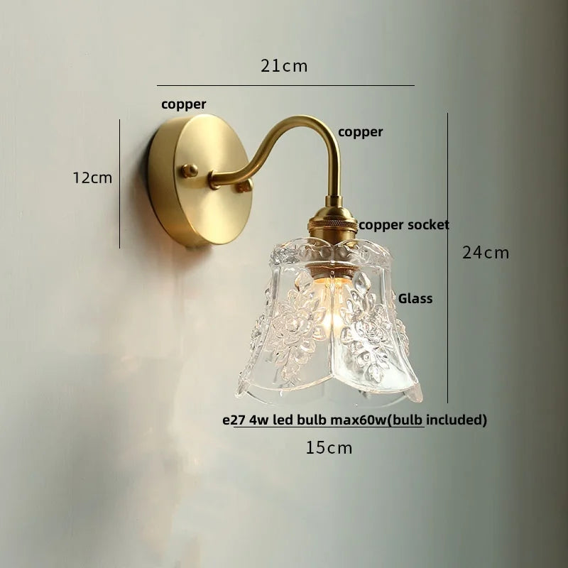 DecorBites™ Clear Glass LED Wall Sconce Pull Chain Switch Modern Copper Bedside Lamp