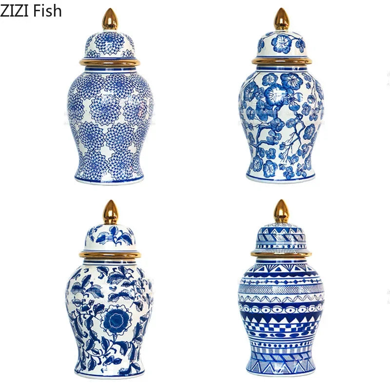 DecorBites™ Blue & White Porcelain Ginger Jar: Retro Tea Caddy Vase Desk Decoration