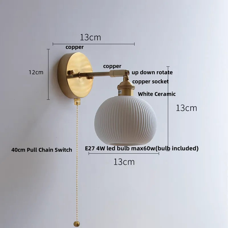 DecorBites™ Copper Wall Light Fixture Bedroom Bedside Sconce White Ceramic Lamp