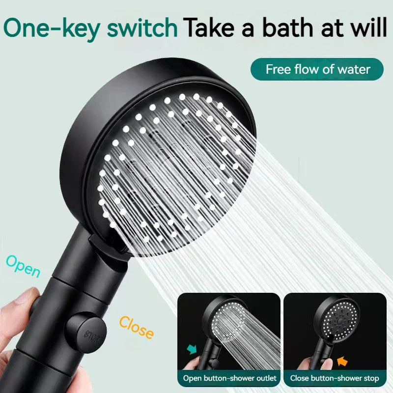 DecorBites™ Black Round Shower Head 6 Modes High Pressure Hand-held Knobs Water Stop
