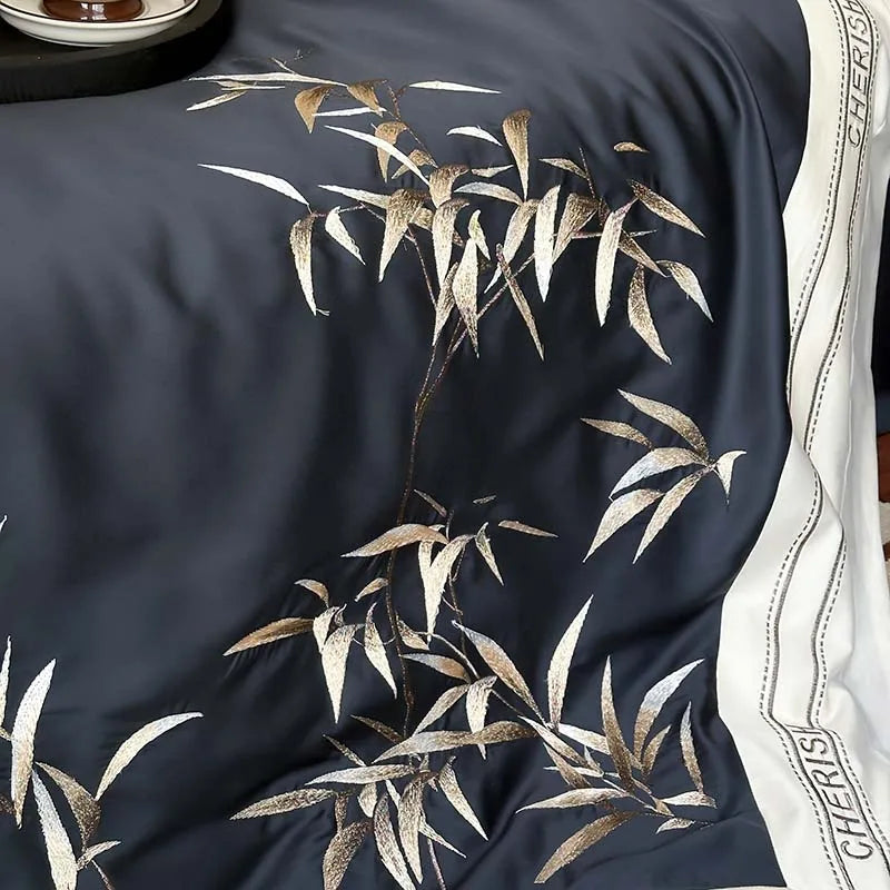 DecorBites™ Bamboo Embroidery 1000TC Egyptian Cotton Bedding Set in Luxury Dark Blue