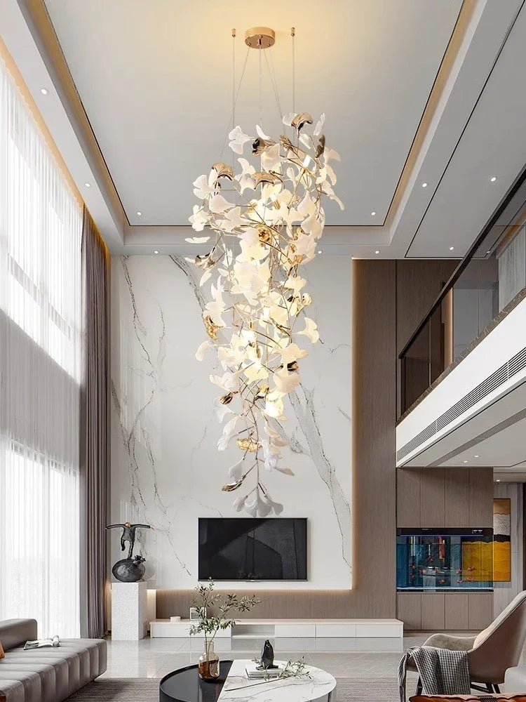 DecorBites™ Ginkgo Leaf Chandelier for Luxury Staircase & Lobby, Designer Duplex Lighting