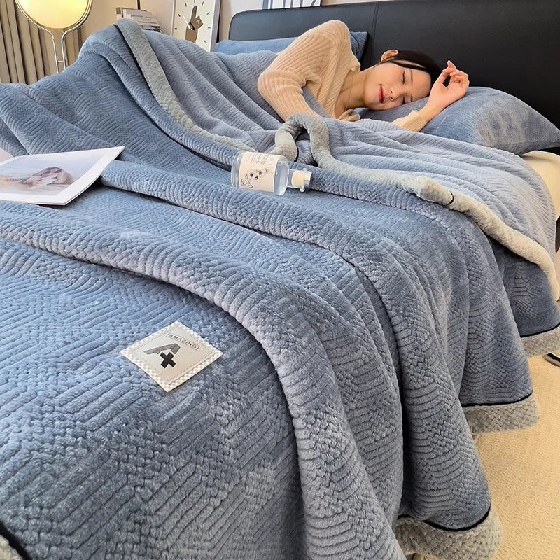 DecorBites™ Cozy Jacquard Plush Blanket - Soft Coral Fleece - All-Season - European Solid Stripes