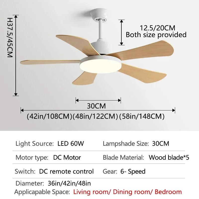 DecorBites™ 48" Bedroom Restaurant Ceiling Fan with 5 Wood Blades, DC Motor, LED Light, Remote