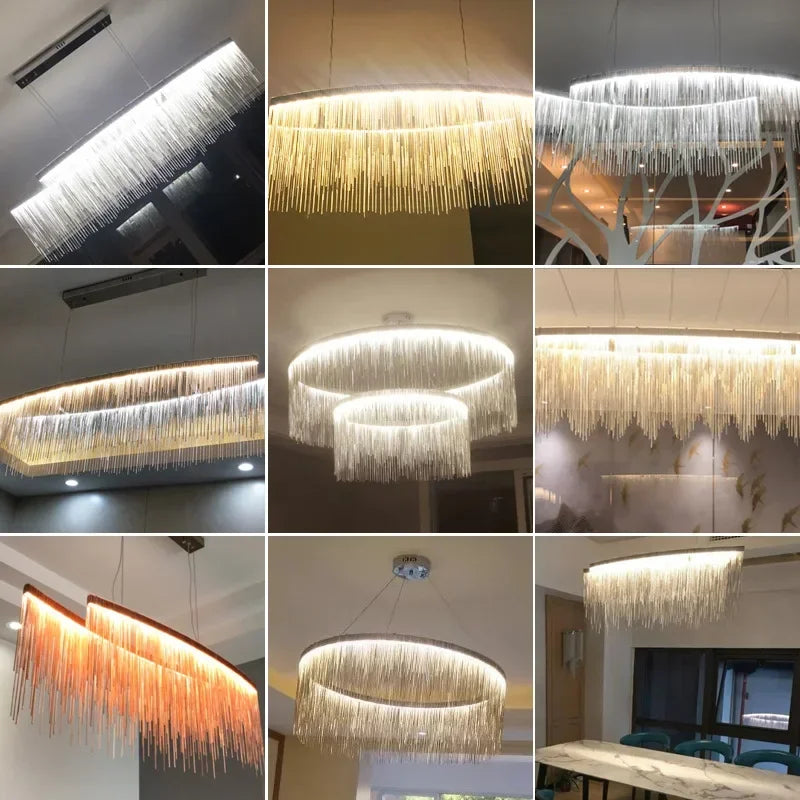 DecorBites™ LED Aluminum Tassel Chandelier: Modern Dimmable Light for Living Room, Hotel, Hall