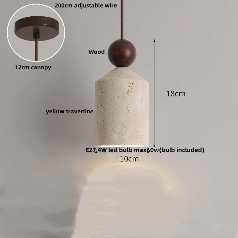 DecorBites™ Globe LED Pendant Light Yellow Travertine Stone White Glass Adjust Hang Lamp