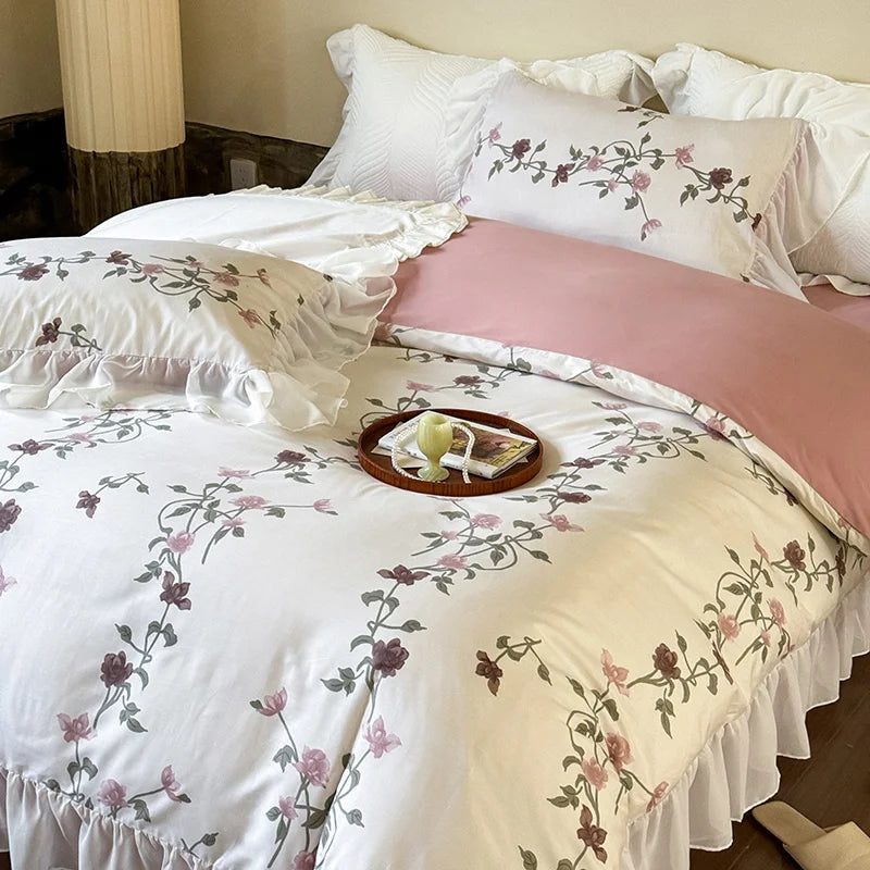 DecorBites™ Lace Ruffles Princess Cotton Bedding Set, Floral Quilt Cover, Girls Wedding Home Textiles