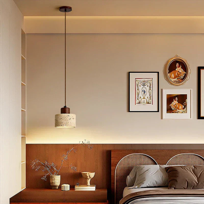 DecorBites™ LED Pendant Light: Modern Nordic Wood Canopy Yellow Travertine Luminaire