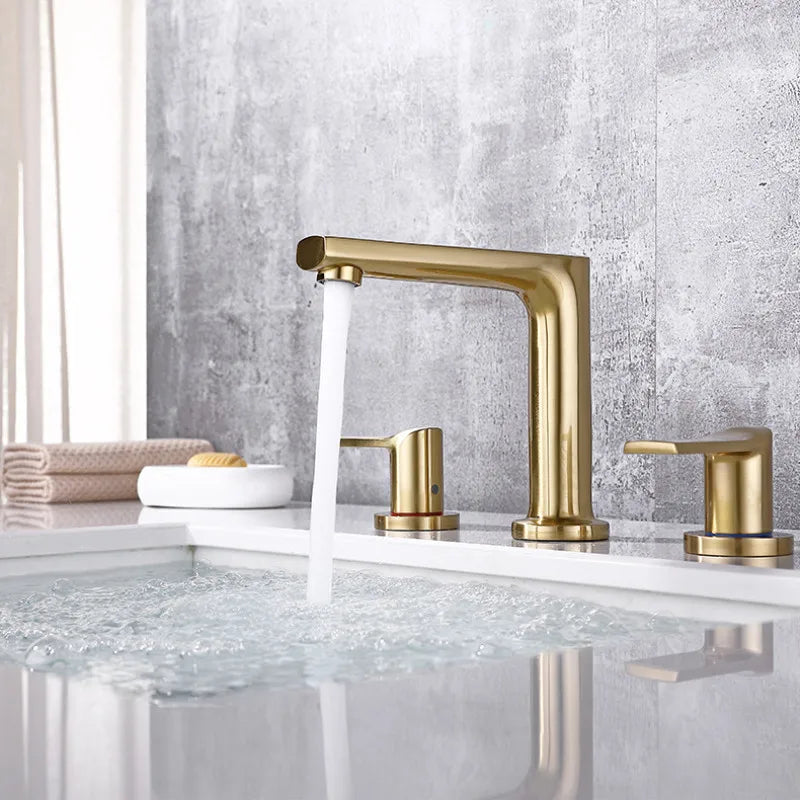 DecorBites™ Brush Gold Widespread Basin Faucet Three Hole Mixer, Hot Cold, 8" Centers