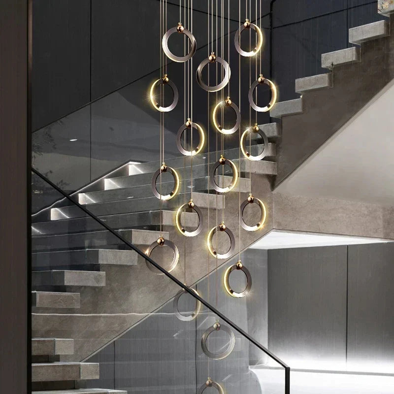 DecorBites™ Aluminum LED Chandelier: Luxury Crystal Round Hanging Lamps for Staircase and Attic
