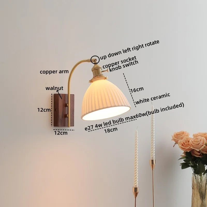DecorBites™ Ceramic Walnut LED Wall Lights Modern Bedside Lamp - Knob Switch