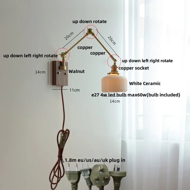 DecorBites™ Ceramic Ball Brass Walnut Wood Wall Light with Pull Chain Switch