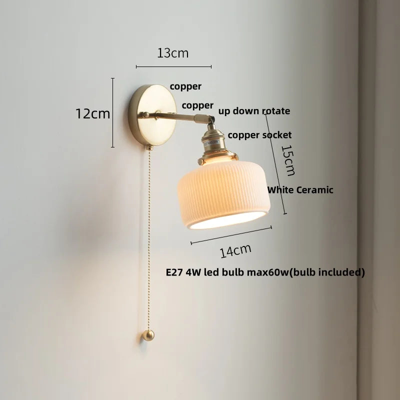 DecorBites™ Copper Wall Light Fixture Bedroom Bedside Sconce White Ceramic Lamp