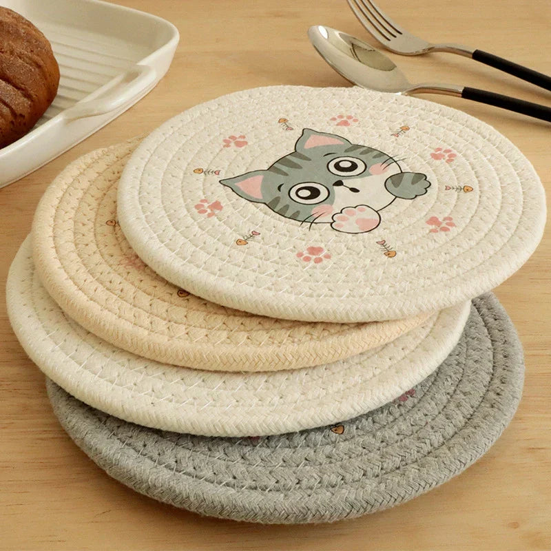 DecorBites™ Cat Print Round Woven Coaster Cup Mat Table Heat Insulation Pad