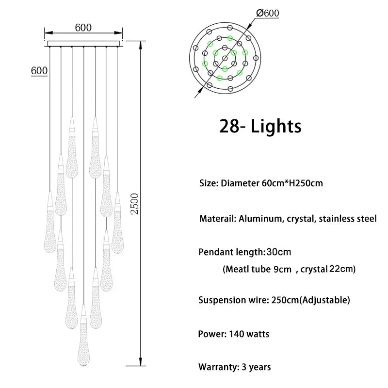 DecorBites™ Crystal Tear Drop Chandelier for Staircase, LED Pendant Light in Gold - Indoor Decor