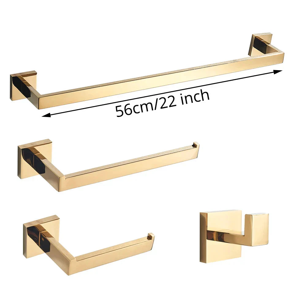 DecorBites™ Gold Bathroom Hardware Set: Robe Hook, Towel Rail, Shelf, Tissue Holder