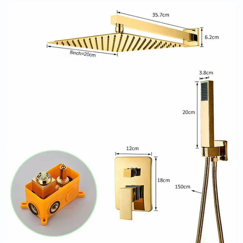 DecorBites™ Golden Bathroom Shower Set with Square Rainfall Head and Concealed Mixer Taps