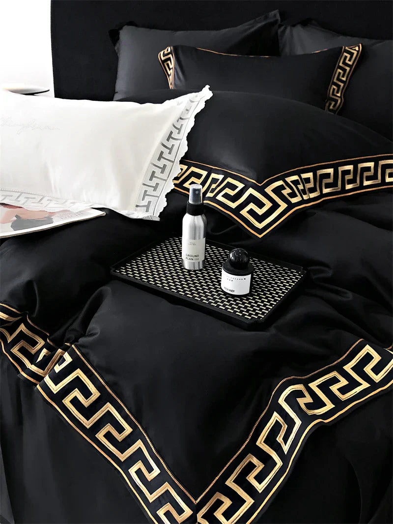 DecorBites™ Gold Embroidery Duvet Set, Black Egyptian Cotton Bedding, 1000TC, Double King Queen